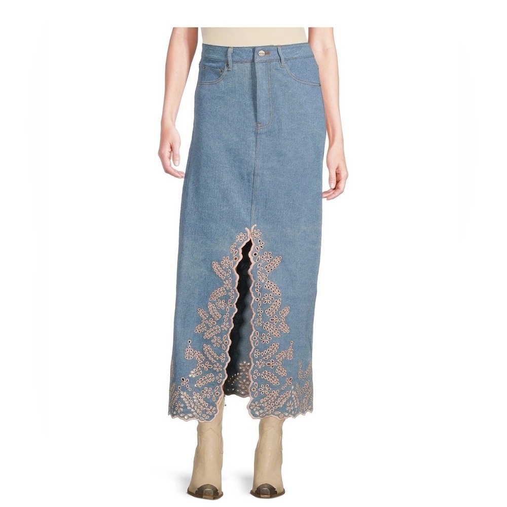 Driftwood Serena Embroidered Denim Maxi Skirt - Pink Promise